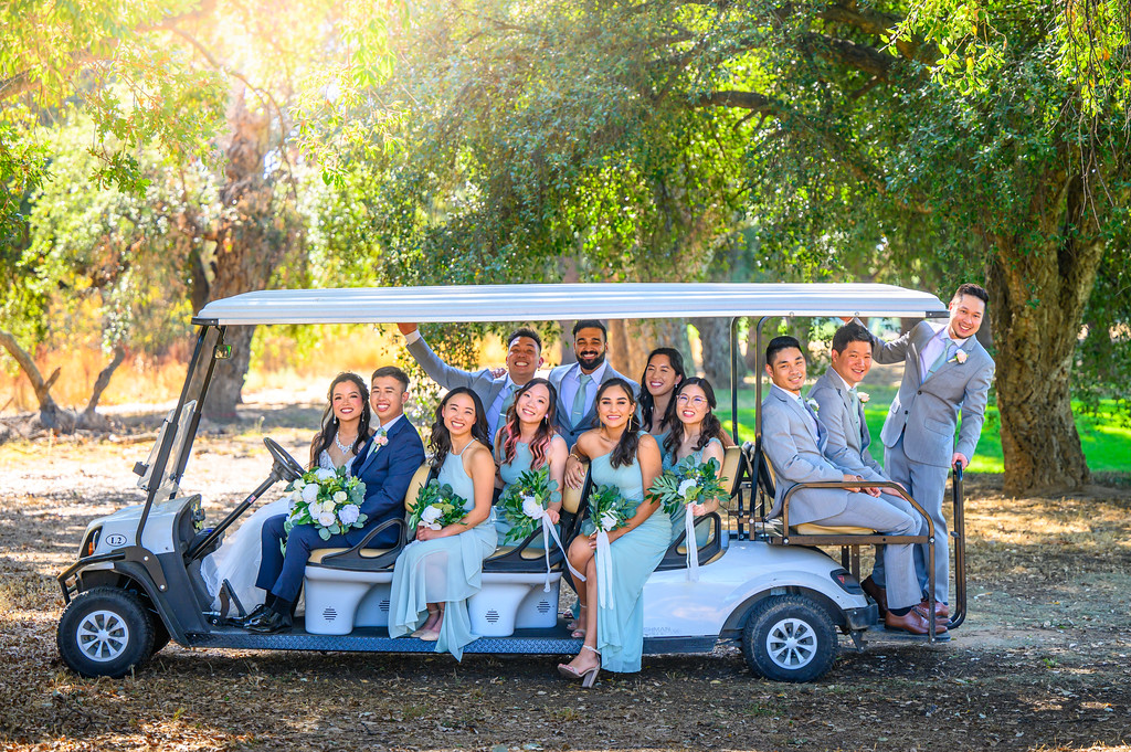 wedding party in golf cart