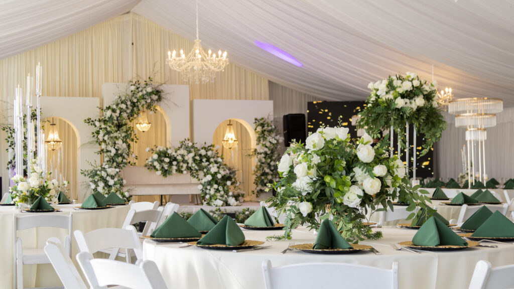 The inside of the pavilion is decorated with green decorations