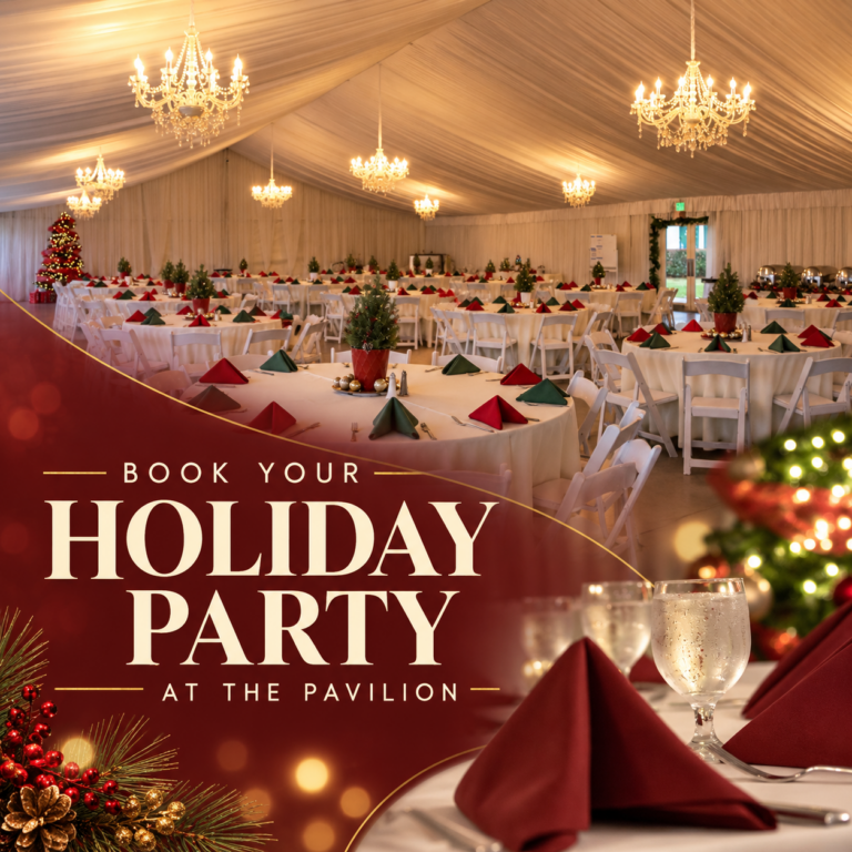 Holiday party tables set inside the Pavilion at Haggin Oaks beneath glowing chandeliers. A festive red overlay reads “Book Your Holiday Party at the Pavilion.”