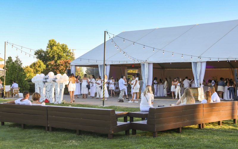 Outdoor private event at The Pavilion at Haggin Oaks featuring guests gathered around the reception tent, lawn seating, string lights, and open-air event space in Sacramento.